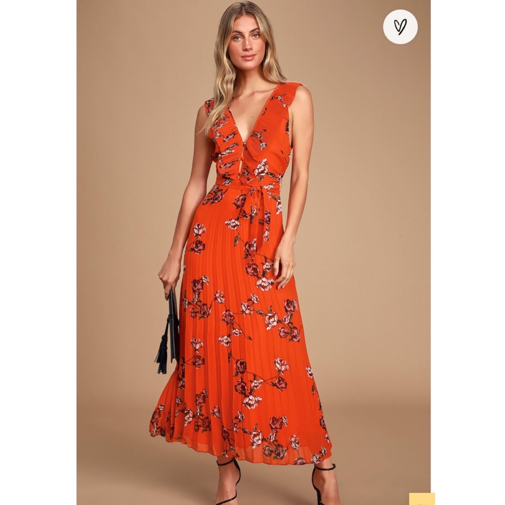 Lulus Loved By You Red Orange Floral Print Pleated Chiffon Maxi Dress - XS